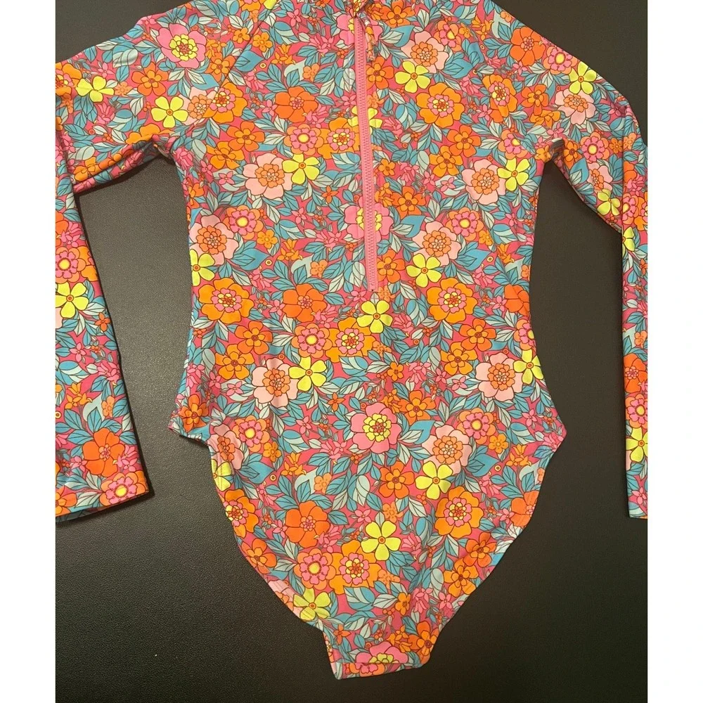 Cat & Jack Swimsuit Girls L 10/12 Pink Orange Floral Long Sleeve One Piece 1630